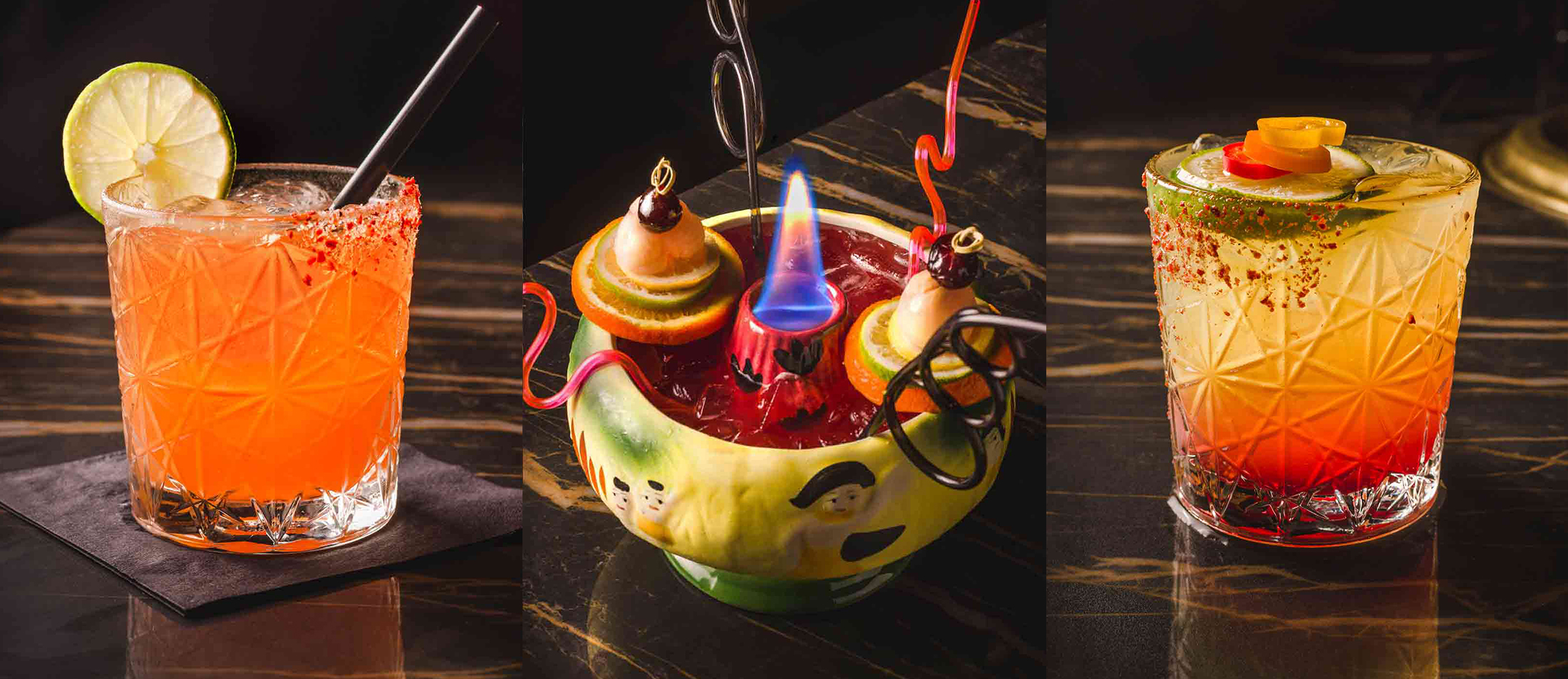3 different images of drinks at bae grill in the hard rock hotel