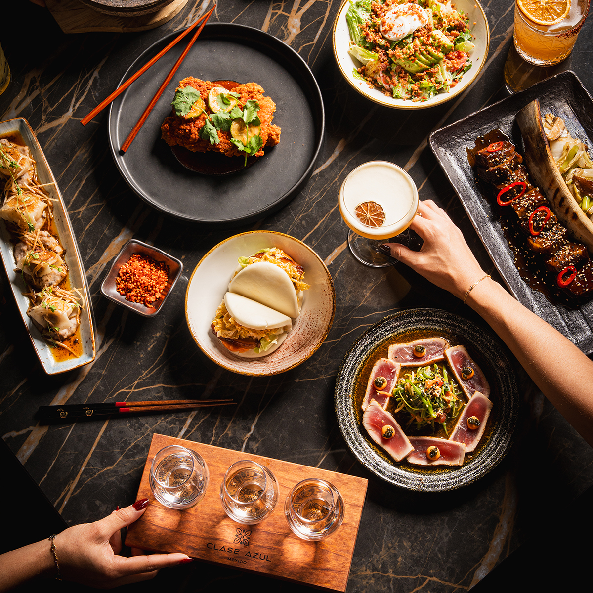 table with food at bae korean grill